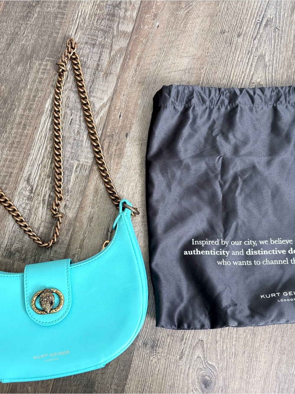 Kurt Geiger Turquoise Leather Crescent Shoulder Bag with Gold Chain